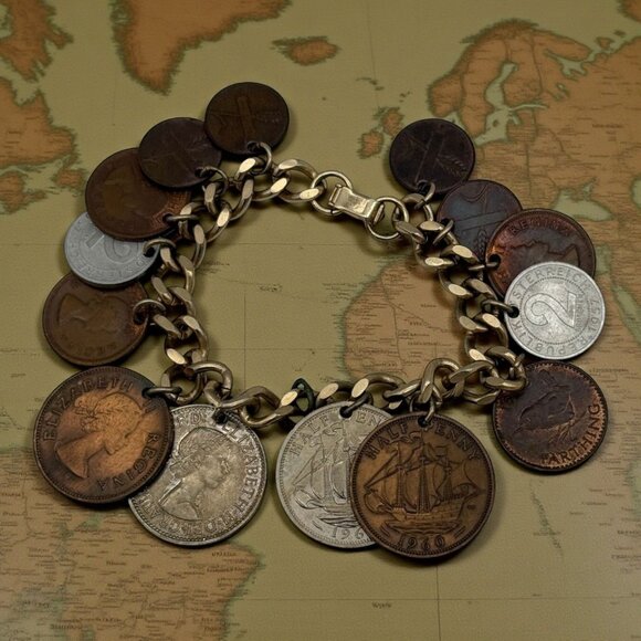 Vintage Coin Charm Bracelet With Antique British Coins & Gold-Tone Chain - Picture 1 of 5